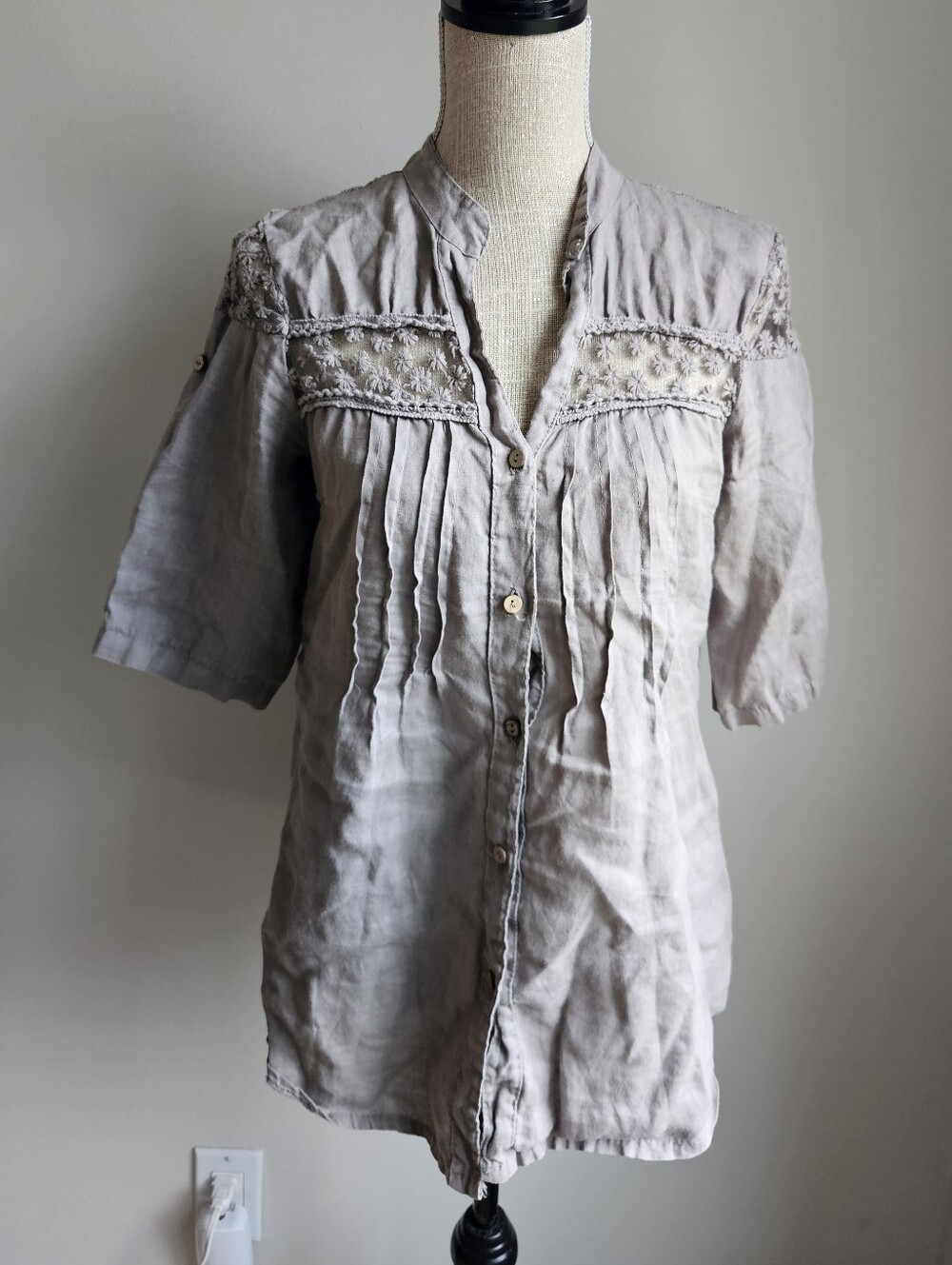 100% Linen Embroidered Light Taupe Button-Down Women's Shirt